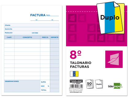 Talonario Liderpapel Facturas 8º natural 50 juegos duplicado con IGIC